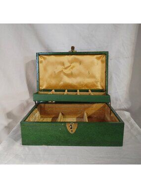 MCM Green Jewelry Box Vintage Keepsake Satin Interior Compartments Gold Trim